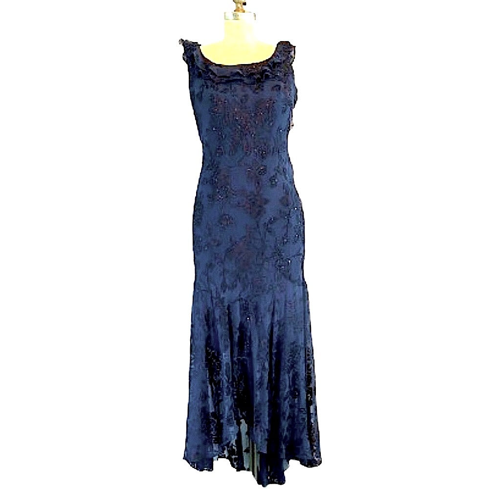 Vintage Alex Evenings blue sleeveless ruffle neckline deep V back High Low Dress